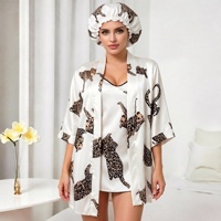 Robe kimono en satin à imprimé léopard P673 avec chemise de nuit et bonnet de nuit, ensemble de 3 pièces pour femmes