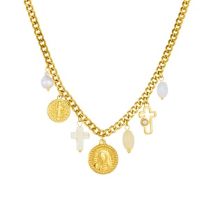 European American Style Vintage Pearl Cross Oval Plaque Saint Image Pendant Stainless Steel Set Necklace Bracelet Gift - Product Image 5