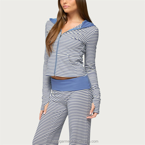 Conjunto Deportivo <span class=keywords><strong>Casual</strong></span> a Rayas Personalizado para Mujer, Conjunto de 2 Piezas con Sudadera con Cierre y Pantalones Largos, Ropa <span class=keywords><strong>Casual</strong></span> Suave para Mujer - Product Image 3