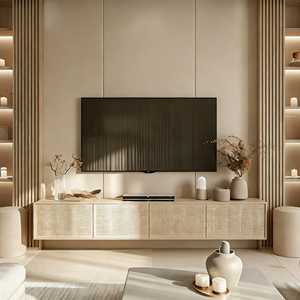 Mueble de TV de Madera Maciza Tejida de Ratán Retro Escandinavo, Mueble de Almacenamiento para Sala de Estar de Estilo Natural con Detalles Tejidos a Mano - Product Image 3