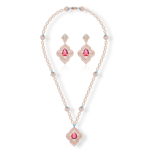 <span class=keywords><strong>Yezi</strong></span> Damen exquisite zweiteilige Set lange Halskette Ohrringe eingelegt rosa Perlen modische Partys Engagements Jubiläen - Product Image 1