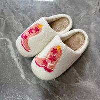 Chaussons de maison d'hiver confortables en peluche douce anti-dérapant brodé visage souriant bottes TPR semelle extérieure et semelle intérieure en tissu