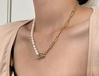 Collier ras du cou en perles d'eau douce baroques blanches plaqué or de style punk à la mode de 18 pouces