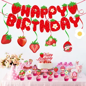 סט קישוט מסיבת יום הולדת שמח בנושא תותים עוגת דגל יום הולדת אספקת קישוט מסיבה ספירלה