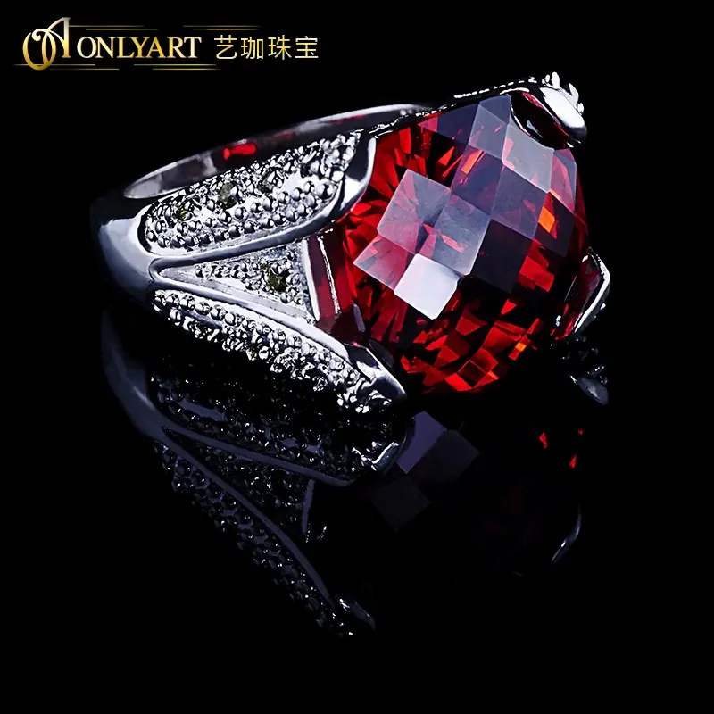 Anel de pedra rubi, anel de pedra da moda em prata, joias robustas de pedra vermelha cz para mulheres