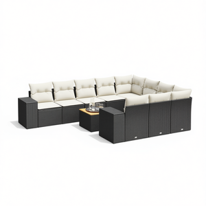 Ensemble de salon de jardin en rotin blanc crème et noir avec coussins, 8 places, mobilier d'extérieur, design contemporain - Product Image 1