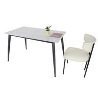 Table à manger rectangulaire en pierre frittée de luxe OEM, plateau en marbre veiné, pieds en métal noir avec embouts dorés