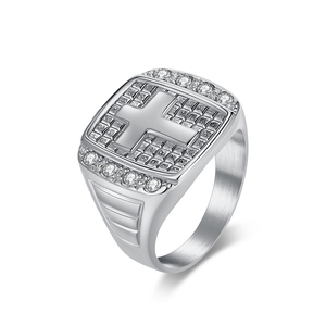 Bague en acier inoxydable de luxe, argentée, dorée, noire, avec croix et diamant rond, bagues de doigt en acier inoxydable - Product Image 1