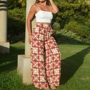<span class=keywords><strong>Pantaloni</strong></span> Larghi con Stampa Hawaiana Personalizzati in <span class=keywords><strong>Misto</strong></span> <span class=keywords><strong>Lino</strong></span> e Cotone per Donna, Quantità Minima d'Ordine - Product Image 1