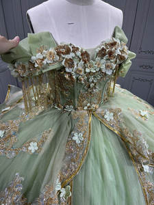Mumuleo <span class=keywords><strong>Vert</strong></span> <span class=keywords><strong>sauge</strong></span> avec or Robes de Quinceanera pour fille Tassesl <span class=keywords><strong>Robe</strong></span> plissée à paillettes sur l'épaule Princesse Verde Personnaliser - Product Image 2
