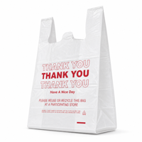 Sacs en polyéthylène haute densité (HDPE) blancs, recyclables, imperméables, type T-shirt, avec poignée gilet, soufflet latéral, impression rouge 'Thank You Have Nice Day', cadre photo, grande taille