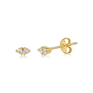 High Quality 18KT Gold Plated Micron Pave Two Around Cut Diamond CZ Stud 925 Sterling Silver Earring for Girls