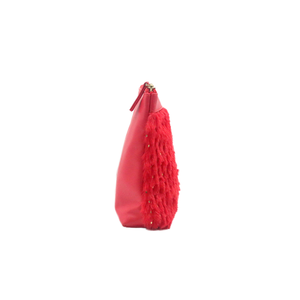 Chic Poinciana Red Faux Rabbit Fur Costura PU Bolsa de maquillaje de cuero Logotipo personalizado Patrón de punto dorado Mujeres Bolsa de cosméticos de lujo - Product Image 4