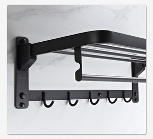 JIAHE Double Layer Towel Rack Wall Mounted Black Stainless Steel Bathroom Storage <b>Shelf</b> with Hooks and Organizer 60cm+ - Product Image 4
