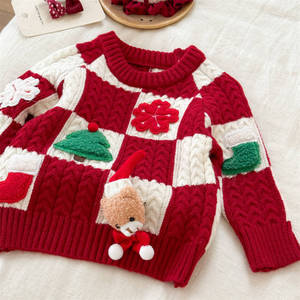 Girls Christmas Sweater Red White Checkered Thickened Cotton Round Neck Holiday Top - Product Image 2