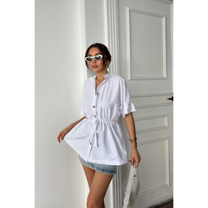 เสื้อเชิ้ตผ้าป๊อปลินผู้หญิงสีขาว แต่งระบายช่วงเอว - Product Image 4