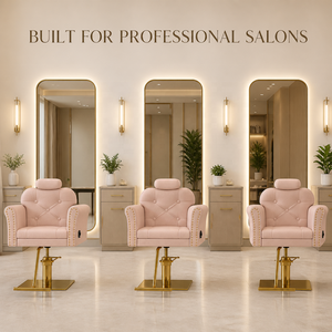Sillón de Peluquería de Lujo Estilo Francés, en Cuero Rosa con Tachuelas Doradas, Hidráulico y Reclinable - Product Image 1