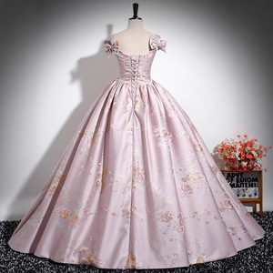 Off The Shoulder Floral Print Ball Gown Evening Dress Satin Empire Waistline Princess Dress For Birthday Party Bridal Banquet - Product Image 4