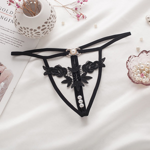 Tanga sexy para mujer, bragas huecas con bordado de malla con cordones, Tanga erótica transparente con perlas bordadas en la espalda en T para niñas - Product Image 4