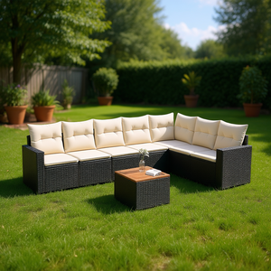 Modern Modular PE <b>Rattan</b> Garden <b>Sofa</b> Set Black And Cream White Outdoor Furniture 6 Seater Weather Resistant - Product Image 2