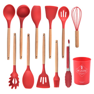 Amazon Hot 12 Pieces In 1 Set Silicone Kitchen Accessories Kitchenware Cooking Silicone Kitchen Utensils Set With Wooden Handles