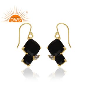 ต่างหูพลอยแบล็คออนิกซ์ ดีไซน์คู่สุดหรู ชุบทองบนเงินแท้ แบบห้อย ต่างหูขายส่ง - Product Image 2