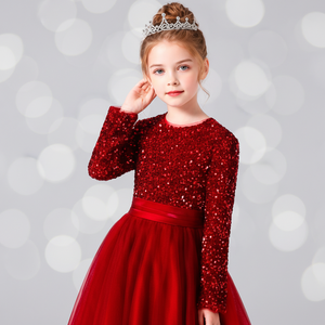 Robe de princesse en tulle doux brodée de velours rouge et de paillettes pour filles, robe de soirée pour enfants - Product Image 6