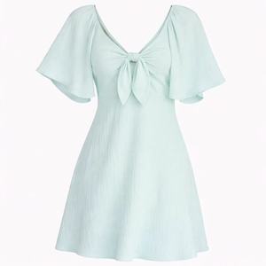 Vestido de Lino Puro Personalizable para <span class=keywords><strong>Mujer</strong></span>, Verde, con Cuello en V y Lazos Delanteros, Mangas con Volantes - Vestido Casual de Verano para <span class=keywords><strong>Mujer</strong></span> - Product Image 5