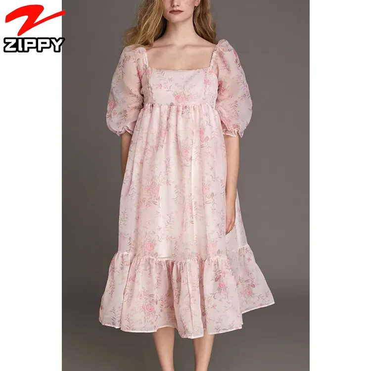 Summer Fashion Custom Floral Print Puff Sleeve Square Neck Design Elegant Loose Organza Midi Babydoll Dress