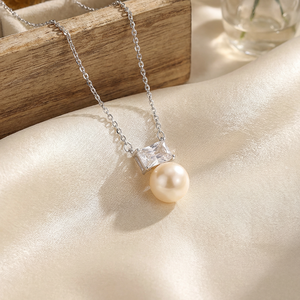 สร้อยจี้ไข่มุกน้ำจืดสีเงิน S925สี่เหลี่ยมลูกบาศก์เซอร์โคเนียเครื่องประดับมุกของขวัญสุดหรูสำหรับผู้หญิงสวมใส่ทุกวัน - Product Image 3
