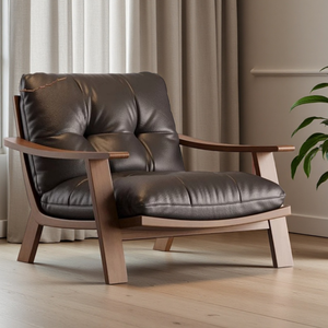 ठोस लकड़ी चमड़े वाली वेबी-साबी शैली एकल सोफे कुर्सी विंटेज मेलर्ड डिजाइन लिविंग रूम चेज़ के लिए आर्मचेयर रिक्लियर - Product Image 2