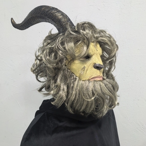 Masque intégral en latex <span class=keywords><strong>de</strong></span> créature féroce, thème amusant et original, peau jaunâtre, cornes foncées, cheveux bouclés, barbe texturée réaliste, doux - Product Image 3