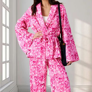 Ensemble <span class=keywords><strong>de</strong></span> pyjama pour femme en deux pièces avec ceinture, col en V, manches longues, pour <span class=keywords><strong>la</strong></span> Saint-Valentin, livraison directe - Product Image 1