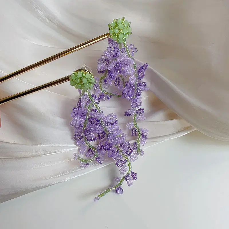 Peinture à l'huile Sensory Forest Series Wisteria Tassel Boucles d'oreilles faites à la main perlées longues algues Boucles d'oreilles en gros