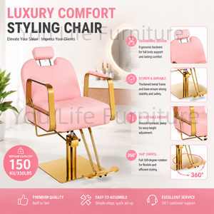 Sillón de Barbero Hidráulico Reclinable Rosa con Marco Dorado, Silla de Estilismo para Salón de Belleza, Spa y Barbería, Venta al Por Mayor - Product Image 1