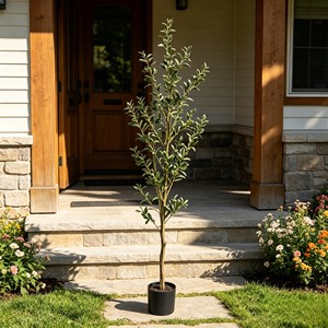 UV Protected Faux Olive <b>Tree</b> | Artificial Potted Plant with Wooden Pot for Balcony Restaurant Interior | Indoor Outside - Product Image 4