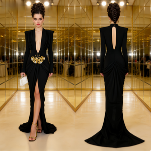 Robe de <span class=keywords><strong>soirée</strong></span> noire grande taille |   Robe à perles de style européen avec <span class=keywords><strong>d</strong></span>écolleté plongeant et silhouette moulante - Product Image 6