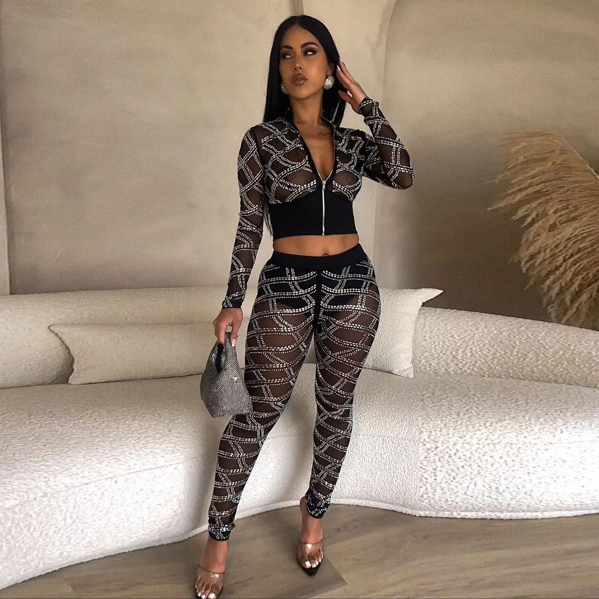 W81091 modern mesh long sleeve see through rhinestone bling top and pants bandage sexy ladies club outfits