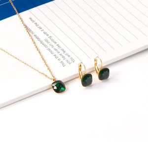 Popular Gorgeous Emerald Gold Plated Stainless Steel Pendant Necklace Earrings Jewelry <b>Set</b> for Women - Product Image 3
