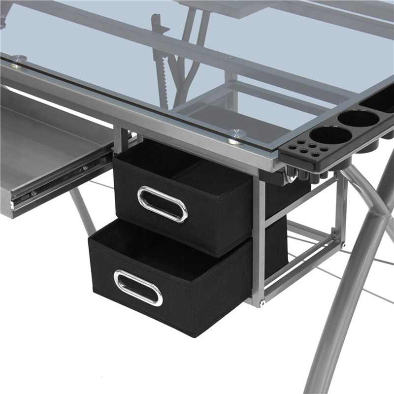 Home Office Drawing Desk Station Tempered Glass Adjustable Drafting Table