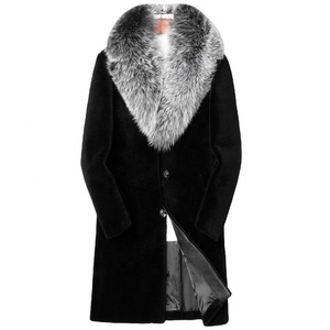 Cappotto in Pelliccia Sintetica di Visone da <span class=keywords><strong>Uomo</strong></span>, Lungo in <span class=keywords><strong>Pelle</strong></span> con Collo in Pelliccia Sintetica di Volpe, Spesso, <span class=keywords><strong>Nero</strong></span>, Grigio Argento - Product Image 1