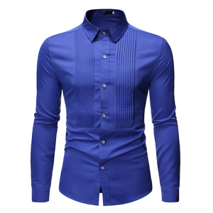 Chemises pour hommes, nouvelle mode 2024, taille européenne, manches longues, col à revers, boutons sur le devant, design plissé, hauts pour jeunes hommes, <span class=keywords><strong>chemise</strong></span> décontractée - Product Image 1