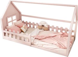 Cama de Casa de princesa, cama individual rosa para Niñas para guardería con barrera y cabeza, diseño único, marco de cama moderno de madera para niños - Product Image 5
