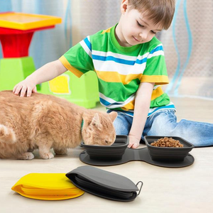 Bol pour chien pliable en silicone pratique pour les voyages en plein air, tapis de voyage pour animaux de compagnie, flexible, antidérapant, double bol pour chien - Product Image 4