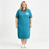 Robe en tricot rayée personnalisée pour femme grande taille, en fil filé à la main, gris turquoise, avec broderie nœud et boutons sur le devant