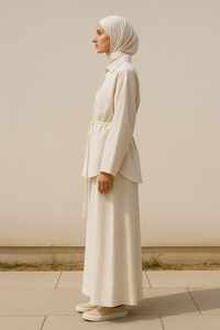 Conjunto de Dos Piezas de Rayón para Mujer Musulmana Modesta YXO019, Diseño ODM, Blazer Drapeado y Pantalones Anchos, Ropa Islámica, Combinación de Chifón - Product Image 3