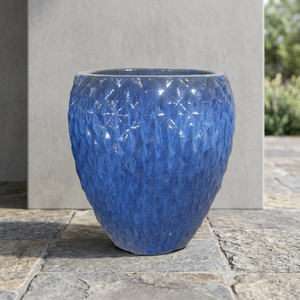 Pot rond en céramique d'extérieur bleu diamant vif avec un grand motif et une finition peinte - Product Image 3