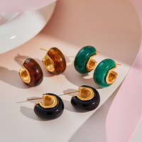 Juego de Aretes de Aro Semicirculares en Forma de C, Resina Vintage Otoño Invierno, Acero Inoxidable con Baño de Oro PVD de 18K, Resistentes al Deslustre