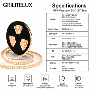 <b>LED</b> Tape Light SMD5050 RGB 60LEDs/m DC24V 100mm Cut 14.4W IP68 Silicone Filled Wet Location Protection for Outdoor Projects - Product Image 2