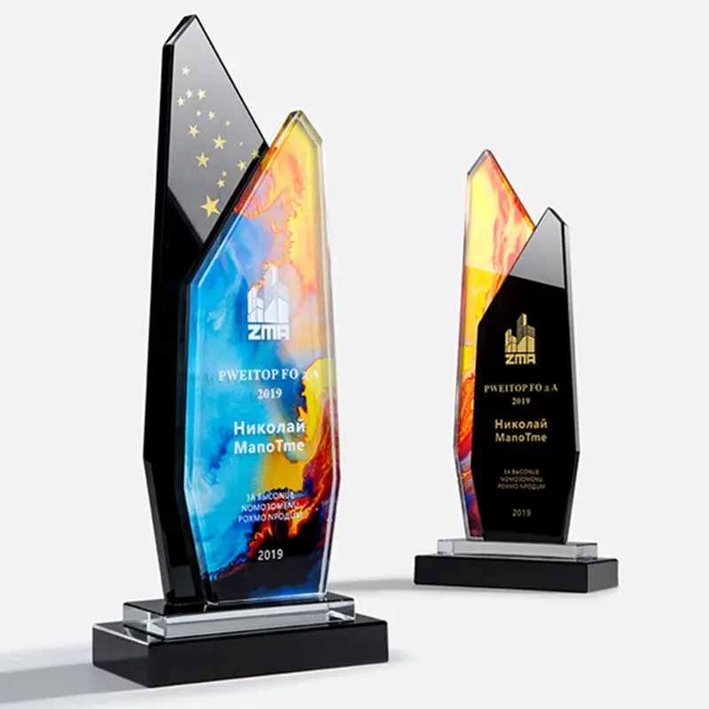 New customized k9 crystal trophy crystal awards color printing awards glass pedestal trophy corporation awards